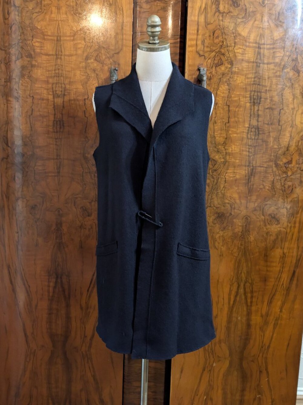 Eileen Fisher Boiled Wool Long Vest Jacket Size XXS Black Shawl Collar Gothic